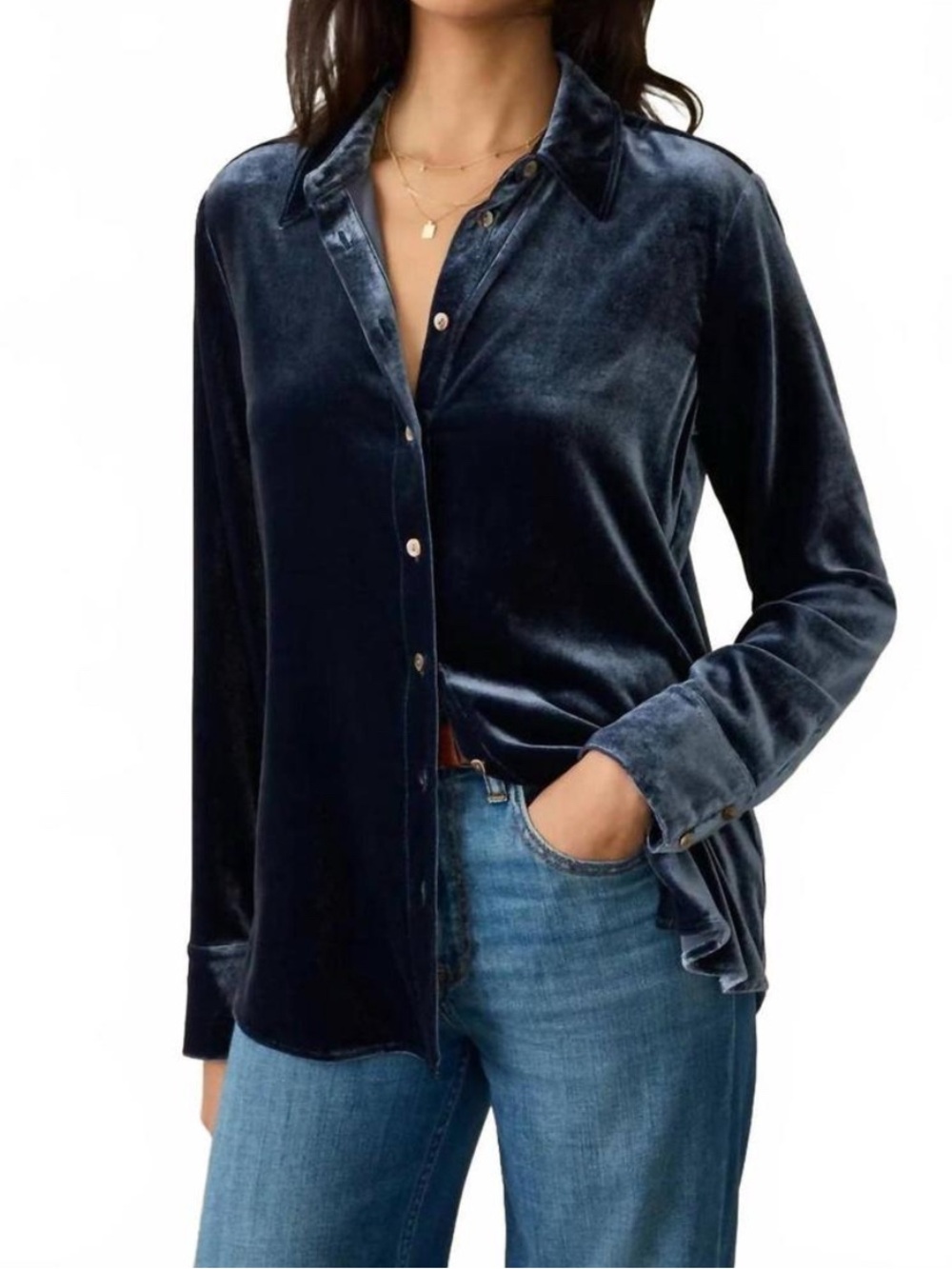 Faherty Dark Blue Velvet Genevieve Button Up Silk Stretch Shirt